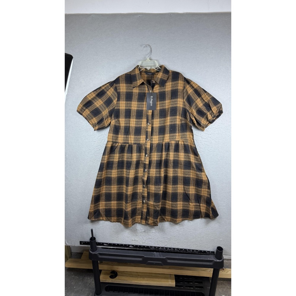 ELifegoo‎ Dress Womens 2XL Brown Black Plaid Button Front Babydoll Tunic